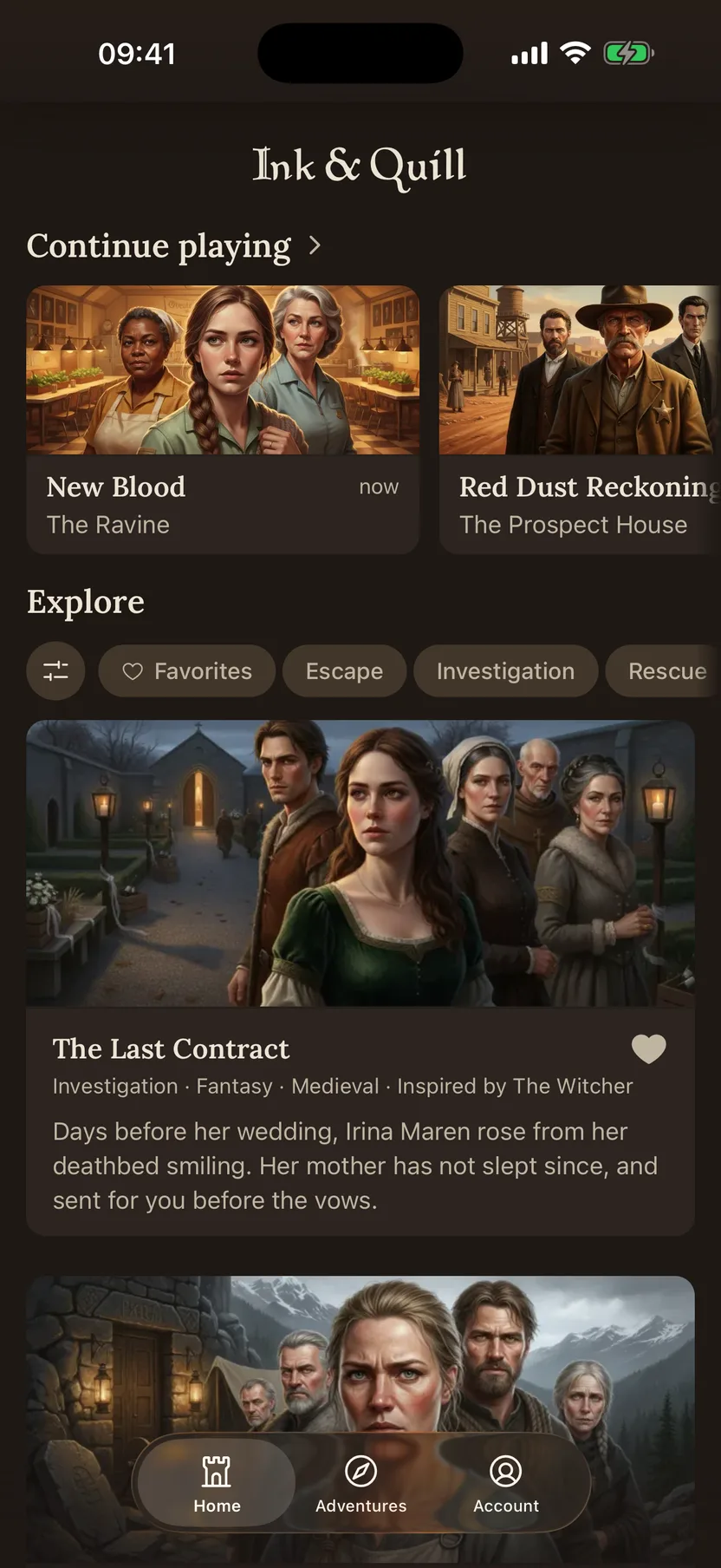 Ink & Quill home screen with campaigns to explore