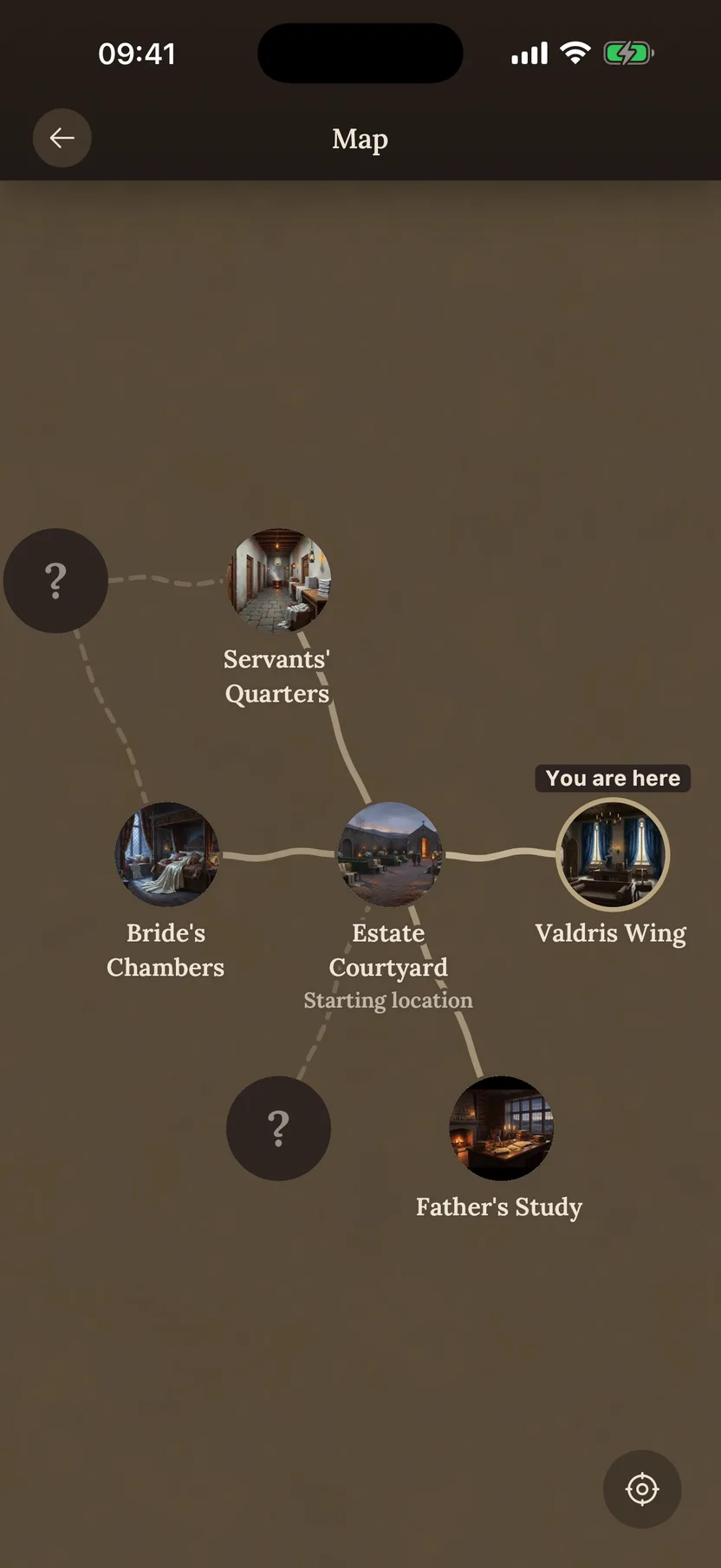 The campaign map with explored and unexplored locations
